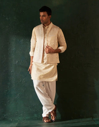 White stripe pathani kurta and nehru jacket set