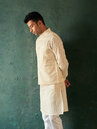 White chevron straight kurta and nehru jacket set