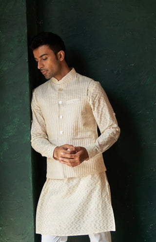 White chevron straight kurta and nehru jacket set