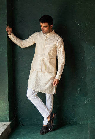 White chevron straight kurta and nehru jacket set