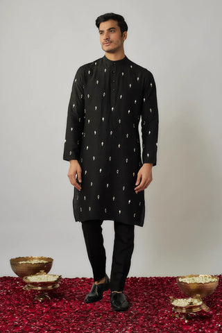 Black dupion kurta pants set with mirror embroidered buttis