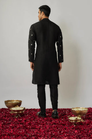 Black dupion kurta pants set with mirror embroidered buttis