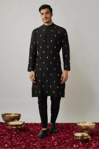 Black dupion kurta pants set with mirror embroidered buttis