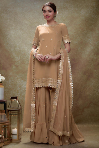 Beige fawn mirror work gota kurta sharara set