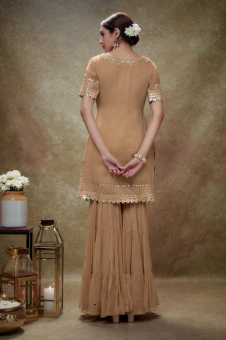 Beige fawn mirror work gota kurta sharara set