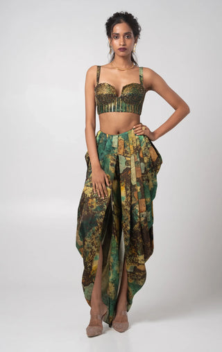 Green embroidered bustier with dhoti pants and a cape