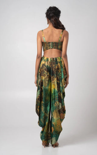 Green embroidered bustier with dhoti pants and a cape