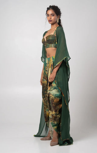 Green embroidered bustier with dhoti pants and a cape