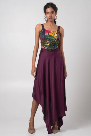 Deep purple hand embroidered corset with asymmetrical skirt