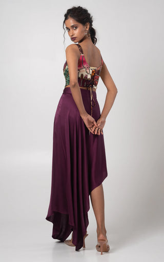 Deep purple hand embroidered corset with asymmetrical skirt