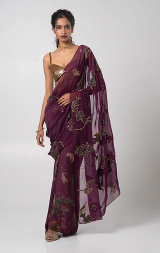 Purple sequin blouse with a printed draped skirt and a dupatta