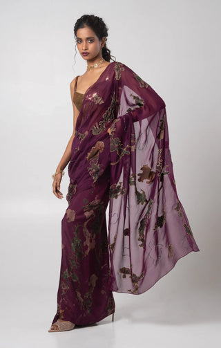 Purple sequin blouse with a printed draped skirt and a dupatta