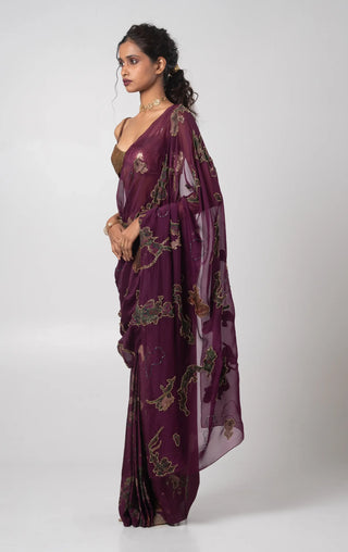 Purple sequin blouse with a printed draped skirt and a dupatta