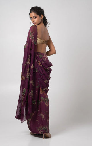 Purple sequin blouse with a printed draped skirt and a dupatta