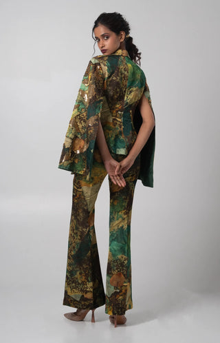 Printed embroidered cape blazer with flared trousers