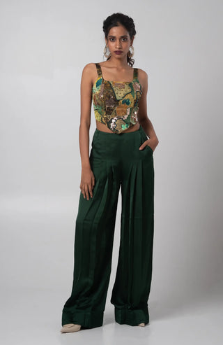 Deep green embroidered corset with wide-leg trousers