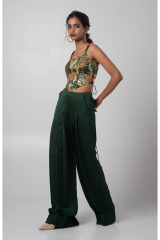 Deep green embroidered corset with wide-leg trousers