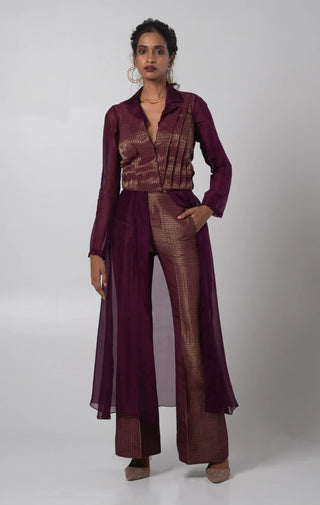 Purple pleated vest with flared trouser