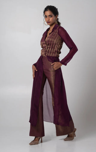 Purple pleated vest with flared trouser