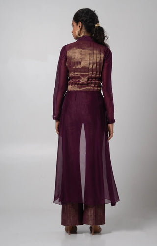 Purple pleated vest with flared trouser