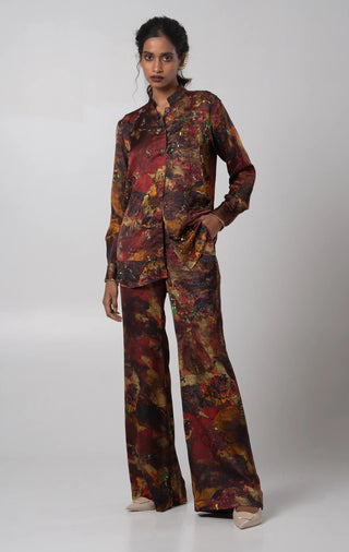 Multicolored embroidered button up top with flared trouser