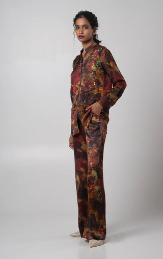 Multicolored embroidered button up top with flared trouser