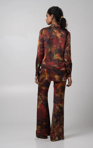 Multicolored embroidered button up top with flared trouser