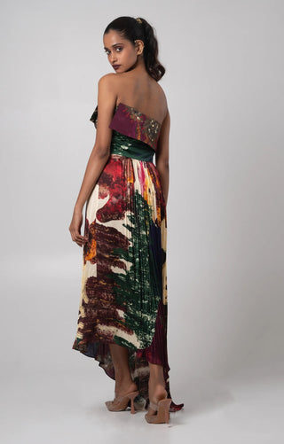 Multicolor strapless dress with asymmetrical hem