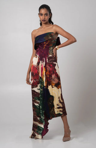 Multicolor strapless dress with asymmetrical hem