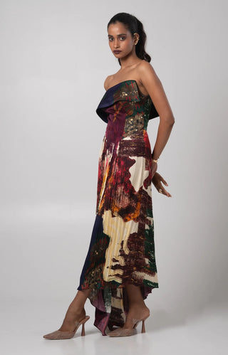 Multicolor strapless dress with asymmetrical hem