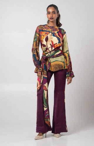 Multicolored tie-waist top and flared trouser set