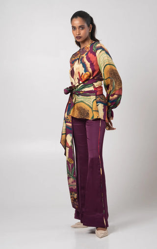 Multicolored tie-waist top and flared trouser set