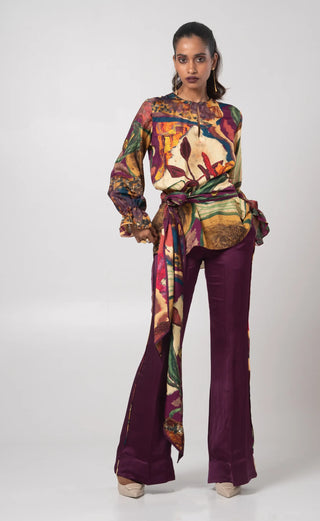 Multicolored tie-waist top and flared trouser set