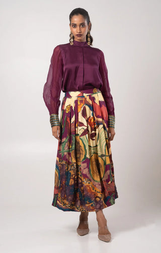 Multicolored high-neck shirt with skirt set