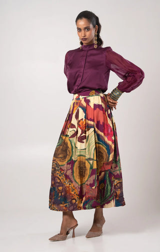 Multicolored high-neck shirt with skirt set