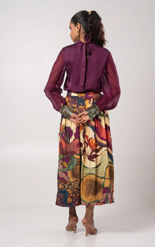 Multicolored high-neck shirt with skirt set