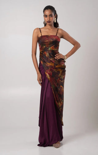 Purple ruched kurta top paired with a floor length draped skirt