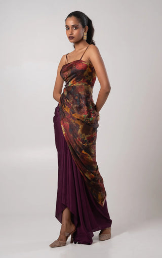 Purple ruched kurta top paired with a floor length draped skirt