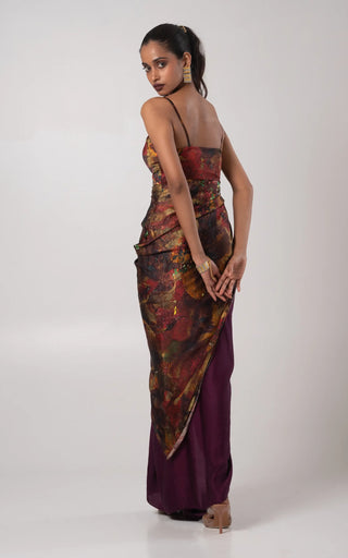 Purple ruched kurta top paired with a floor length draped skirt