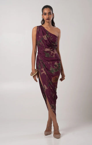 Deep purple one-shoulder draped dress