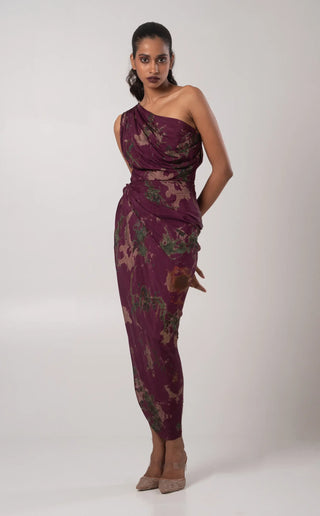 Deep purple one-shoulder draped dress