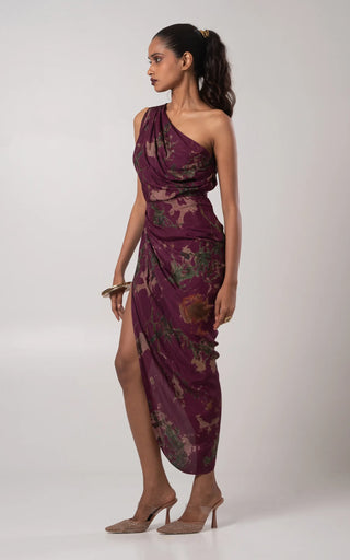 Deep purple one-shoulder draped dress