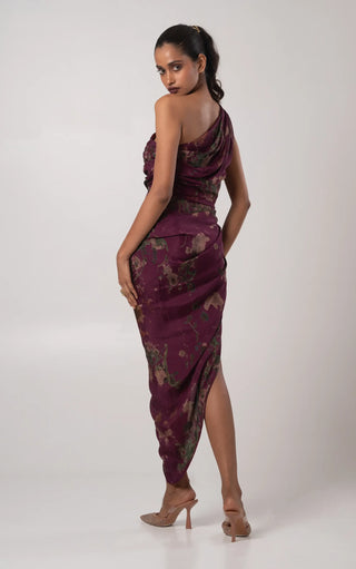 Deep purple one-shoulder draped dress