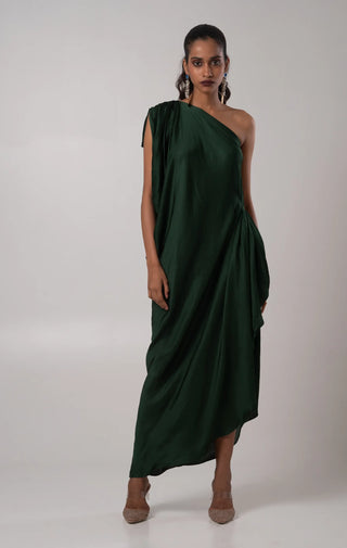 Deep green draped one shoulder dress