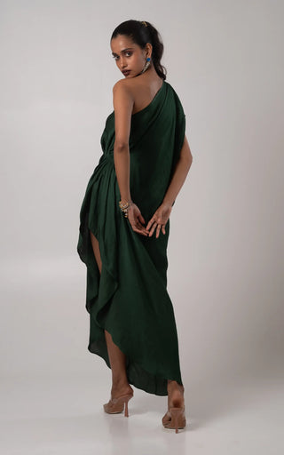 Deep green draped one shoulder dress