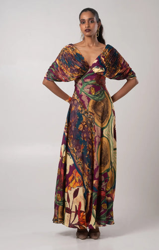 Multiclored fitted maxi with pleated bodice