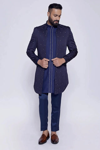 Blue french knot salli embroidered open fusion jacket