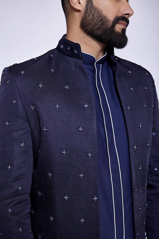 Blue french knot salli embroidered open fusion jacket