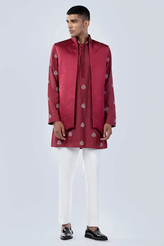 Maroon bundi with embroidered and potli buttons kurta