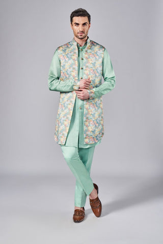 Green all over printed open bundi set with classic kurta